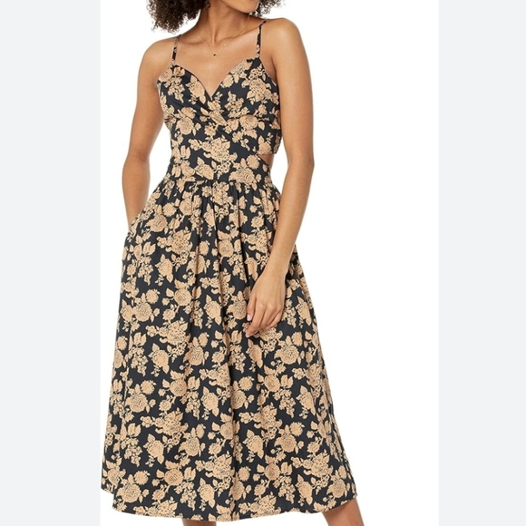 The Drop Dresses & Skirts - The Drop Floral Spaghetti-Strap Midi Dress in Black and Tan